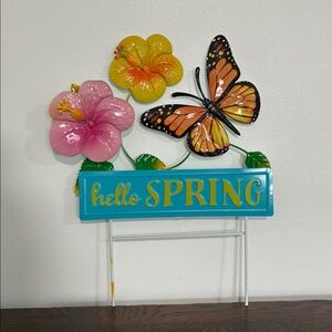 NWT- Hello Spring Metal Yard Stake Sign with Butterfly and Flowers